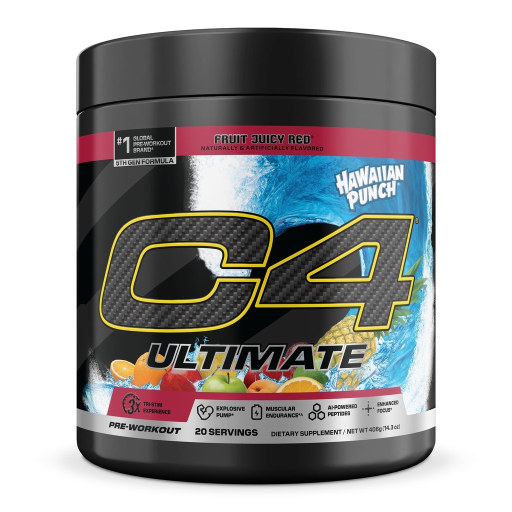 C4 Ultimate Pre Workout Powder - Sugar Free Preworkout Energy Supplement for Men & Women - 300mg Caffeine + TeaCrine + Dynamine + Creatine - Hawaiian Punch Fruit Juicy Red, 20 Servings