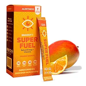 EBOOST Energy Drink Powder, Super Fuel - Orange Mango, 7 Pakker - Pre- Workout Powder Energy Drink Mix - Natural Energy, L-Tyrosine, L-Theanine & Vitamin - Fortræning for kvinder og mænd at gå