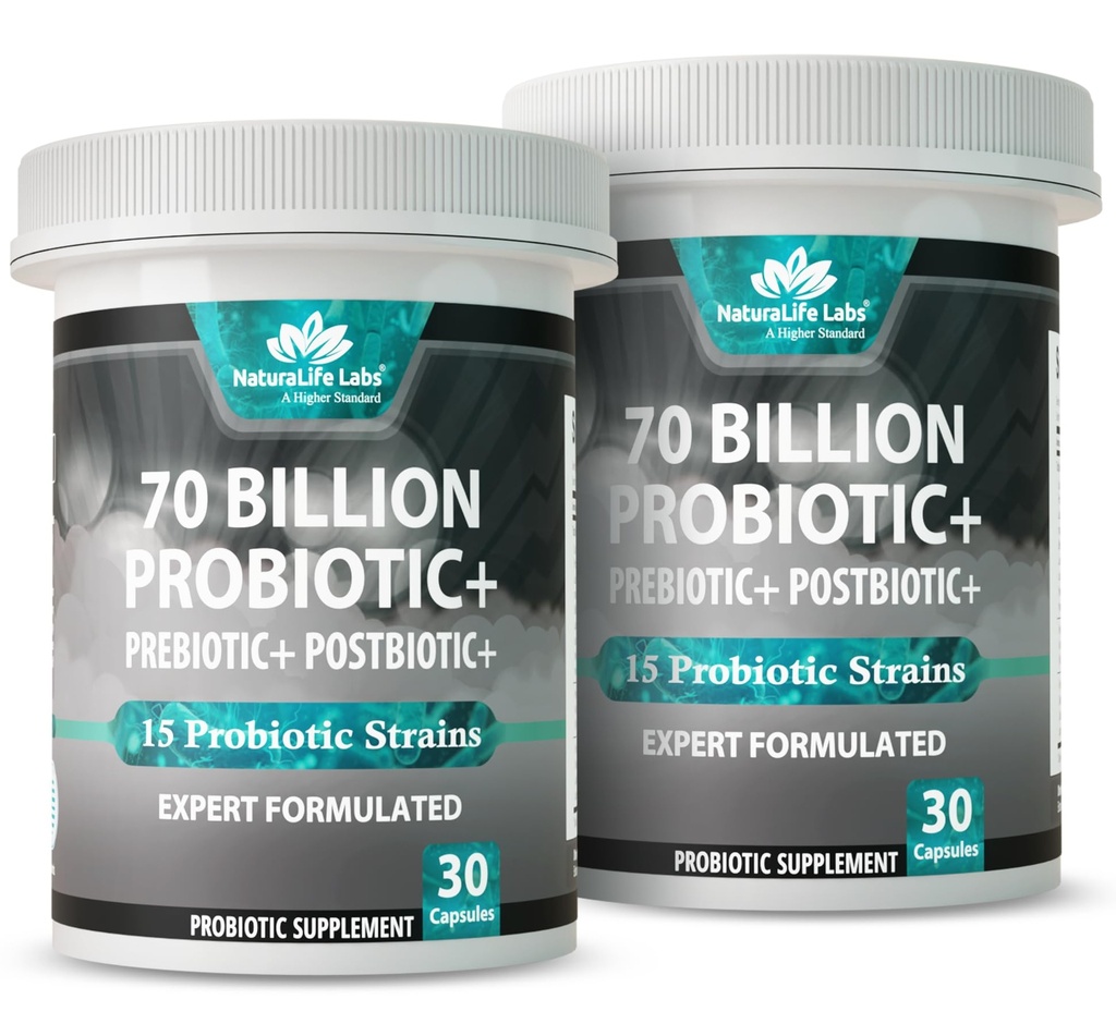 NaturaLife Labs Probiotics 70 Billion CFU – 15 Strains + Organic Prebiotic & Postbiotic 3-in-1 – Gut & Digestive Support – Supports Occasional Bloating – Women & Men – Vegan – 30 Caps (2 Pack)