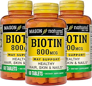 MASON NATURAL Biotin 800 mcg, Hår, Hud & Negl Health Support, High Potency Vitamin B7 Supplement, 60 tabletter (pakke med 3)