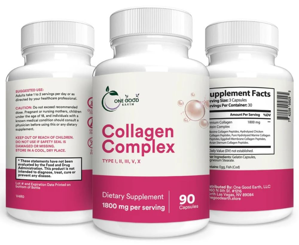 Collagen Complex Bovine Peptides Type I, II, III, V, X (90 Count) 1800mg with Vitamin C Zinc Copper and Magnese.