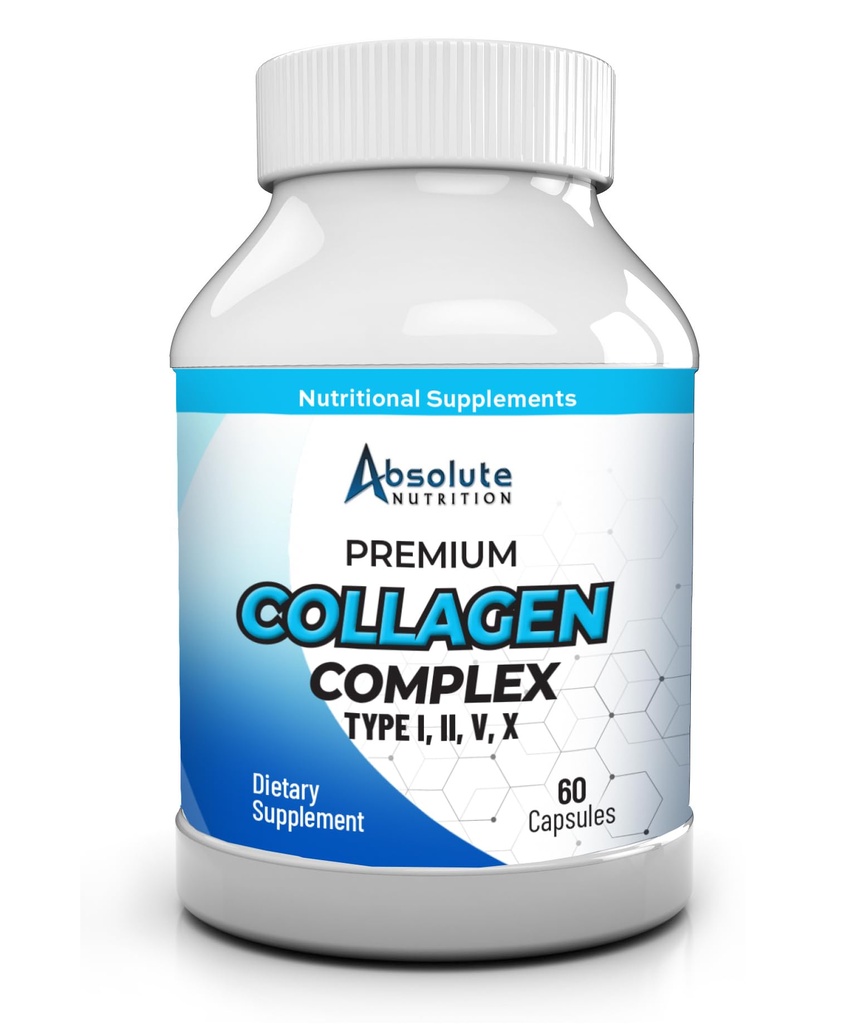 Absolute Nutrition Multi Collagen Complex Capsules - Collagen Peptides Pills with Hyaluronic Acid, Type I, II, III, V, X Collagen - 60ct Supplement for Hair, Skin, Nails & Joint Health - Men & Women