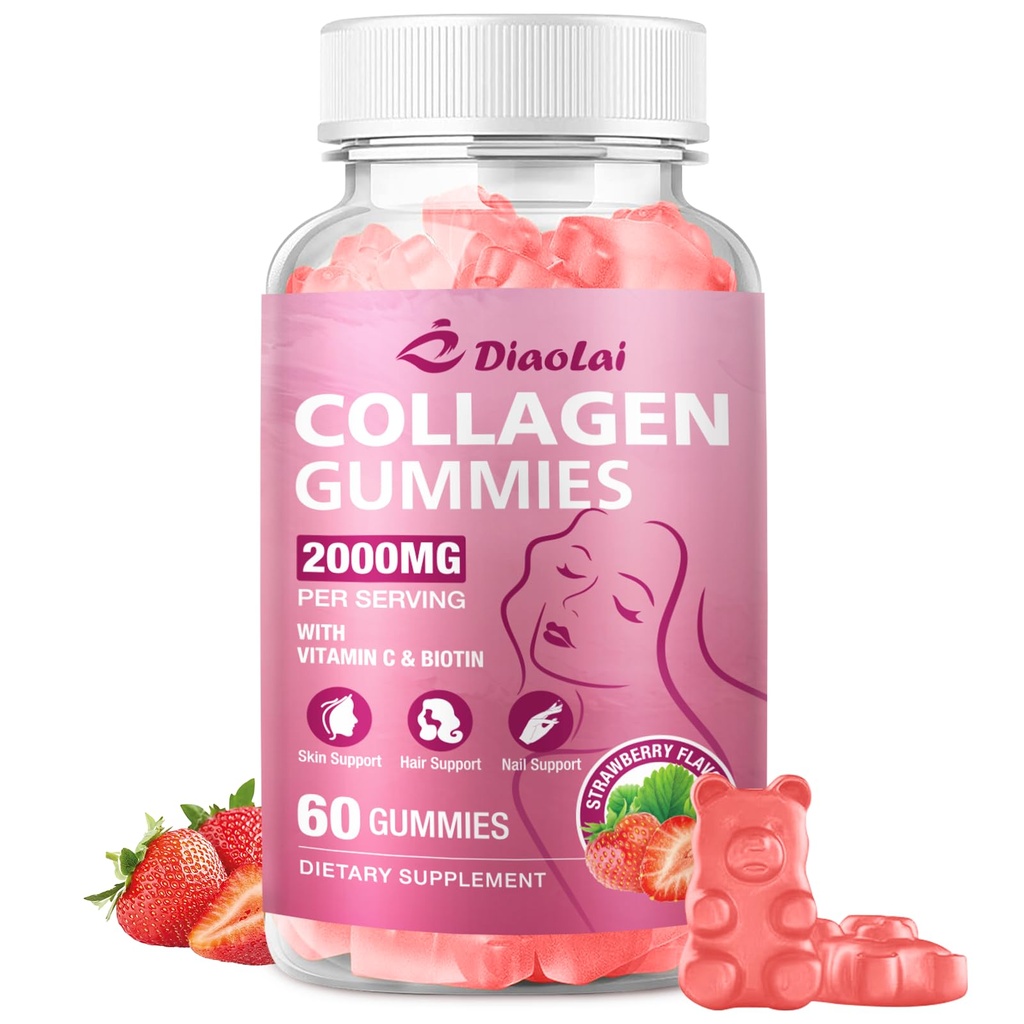 Sugar-Free Multi Collagen Gummies for Women & Men – Types I, II, III, V, X with Biotin, Vitamin C & Zinc for Hair, Skin & Nails | Strawberry Flavor | 60 Gummies