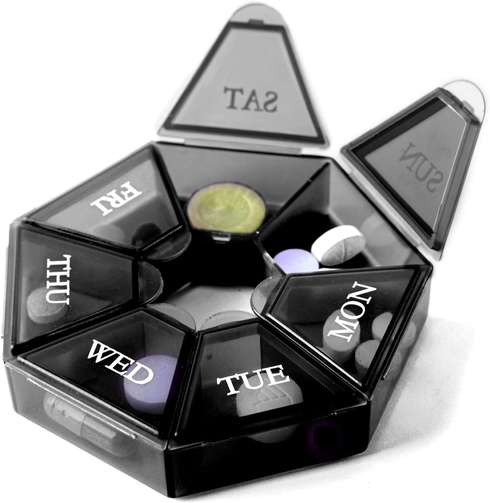 Deke Home - Lille Ugentlig Pill Organizer, Round Pill Dispenser til Rejser, Mini Pill Organizer, Compact Medicine Holder, Pill Sorters 7 dage, Portable Vitamin Container, BPA Free (Food Grade)