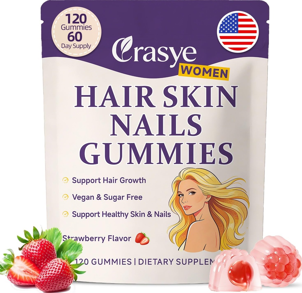 Hair Skin and Nails Gummies - Hair Growth Multivitamin Biotin Gummies with Collagen and Keratin for Women Vegan Sugar Free Strawberry Flavor 120 Count