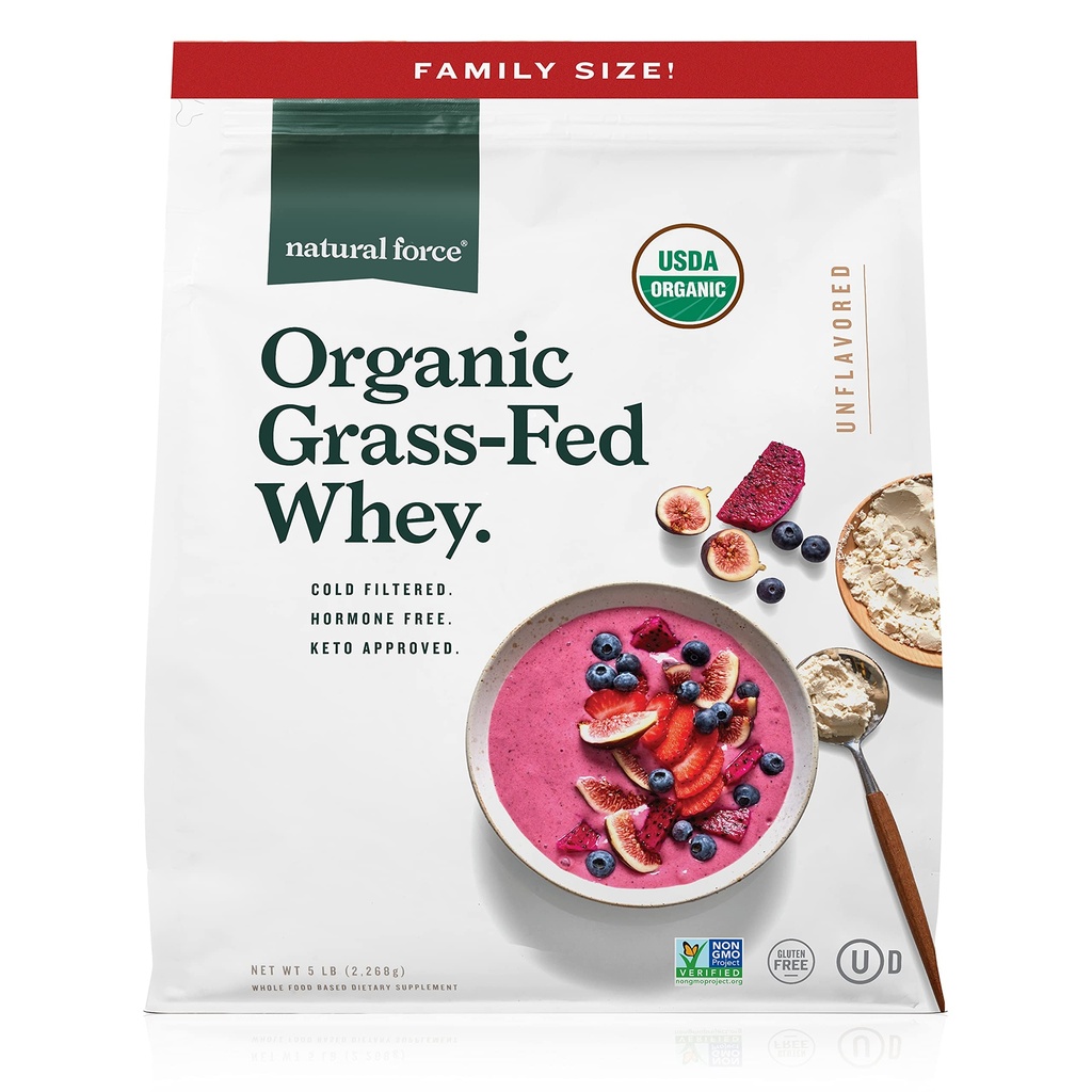 Naturlig kraft Græs Fed Organic Whey Protein Powder - Ikke GMO Verified, Humane Certified & Lab Testet for toksiner - Pure & Unflavored - Keto Friendly, Low Carb, og Kosher - 5 Pund A2 Protein