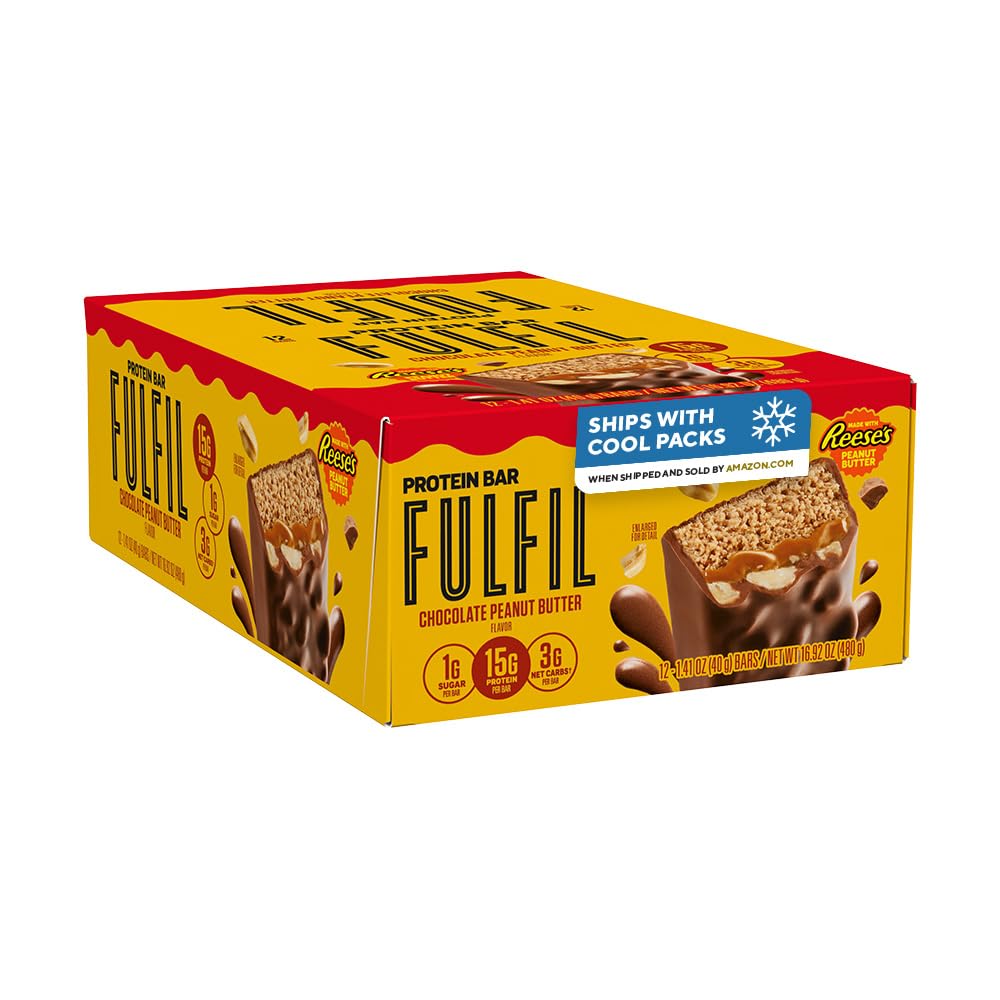 FULFIL Chocolate Peanut Butter Flavored Protein Bar Made with REESE's Peanut Butter, Gluten Free with 15g Protein, Pantry Staples, 12 Count