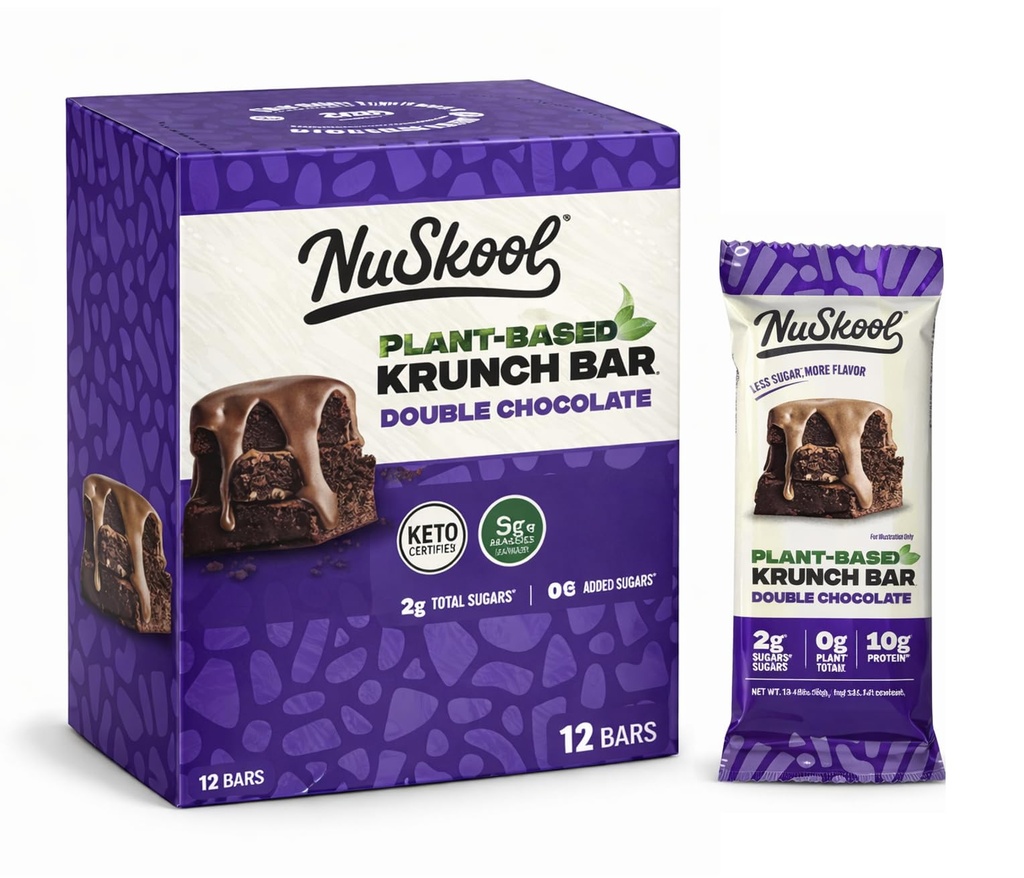 NuSkool Snacks Double Chocolate Keto Friendly Protein Krunch Bars (12 Pack) - 7g Fiber, 10g Clean Plant-Based Protein, 3g Net Carbs - Gluten-Free, Non-GMO, Vegan, Low Carb Keto Healthy Breakfast Snack