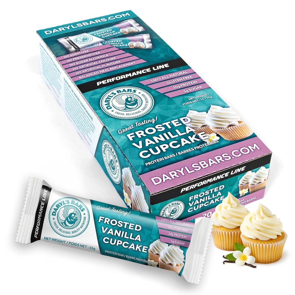 Daryl's Bars, Frosted Vanilla Cupcake On the Go Whey Protein Bars, Gluten Free, 20gr of Protein Snack, Meal Replacement, Pack of 1