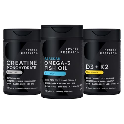 Sports Research® Multivitamin Pack - Omega-3 Fish Oil Mini Gels 625mg + Vegan Vitamin D3 5000iu & Mk7 Vitamin K2 100mcg + Creatine Monohydrate Capsules