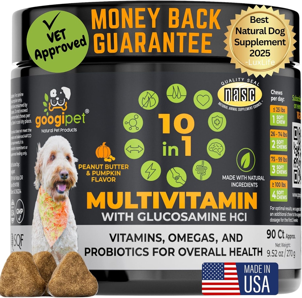 Googipet Premium 10 in 1 Dog Vitamins Multivitamin Chewable with Probiotics for Gut Health, Dog Vitamins and Supplements w/Vitamin C & Glucosamine for Joint Support (Peanut Butter & Pumpkin Flavor)