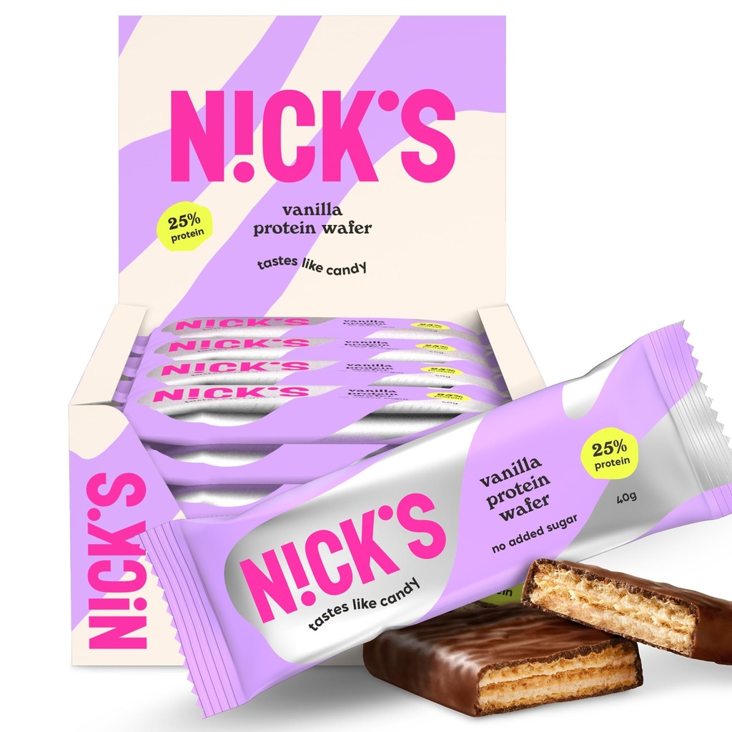 N!CK'S Protein Wafer Bar Vanilla| 25% Protein (10g) 203 Calories | Low Carb Cookie Bar Snack with No Added Sugar, Gluten Free (24 bars x 40g)