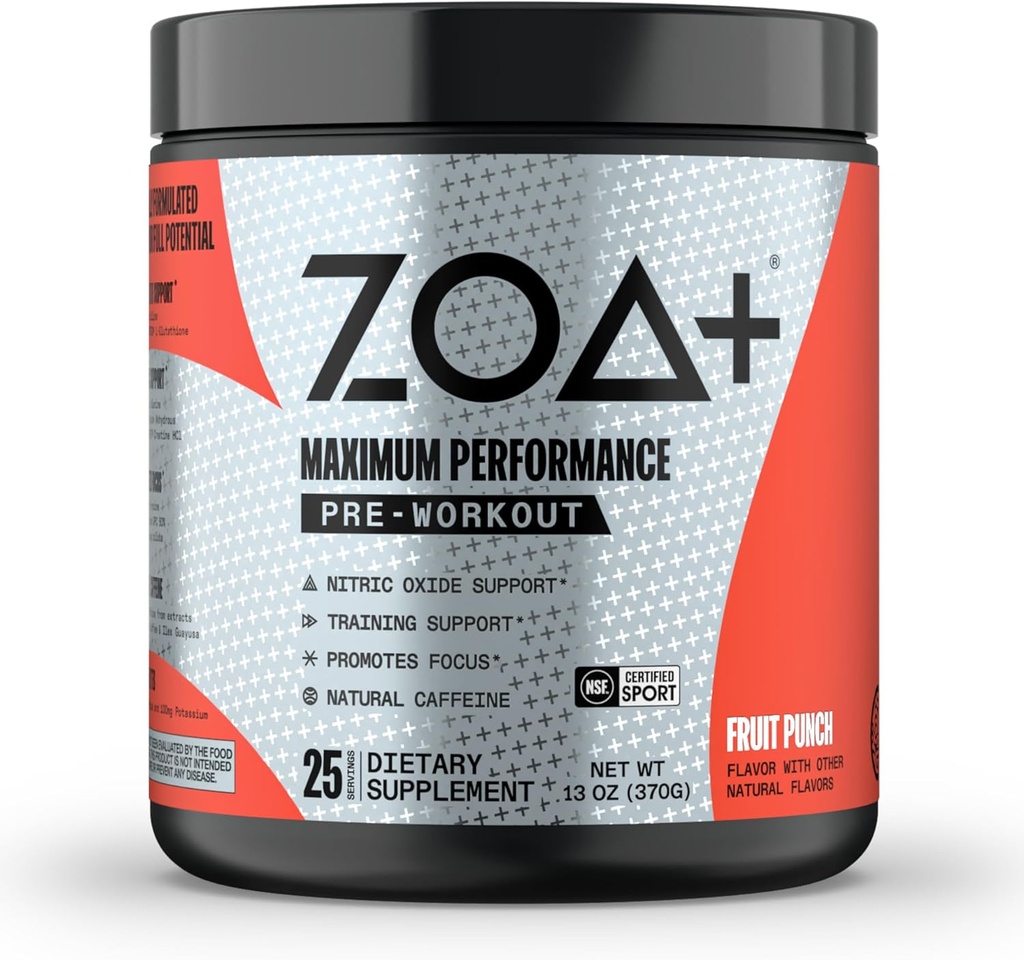 ZOA + Zero Sugar Pre Workout Powder, Fruit Punch - NSF Certified for Sport with Electrolytes, Creatin, Beta Alanine, Ginkgo Biloba, 200mg Koffein - 25 Servere