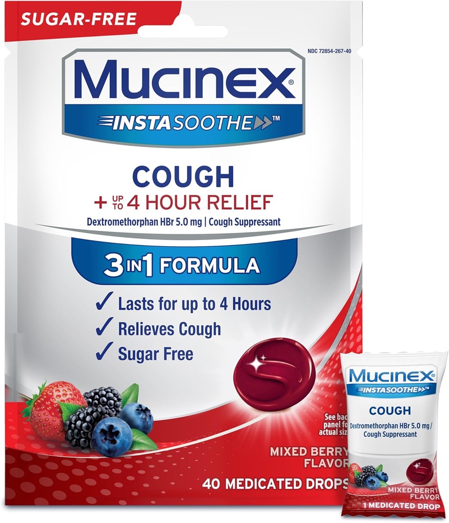 Mucinex Instasoothe Sugar Free Hough Drops, Hoste Medicin for voksne med Dextromethorphan HBr, Non Menthol Hough Drops, Host suppressant Lozenges, Blandede Berry Medicin Hough Drops, 40kt