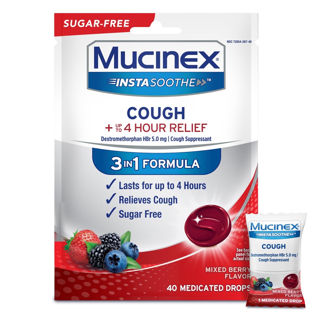 Mucinex Instasoothe Sugar Free Hough Drops, Hoste Medicin for voksne med Dextromethorphan HBr, Non Menthol Hough Drops, Host suppressant Lozenges, Blandede Berry Medicin Hough Drops, 40kt