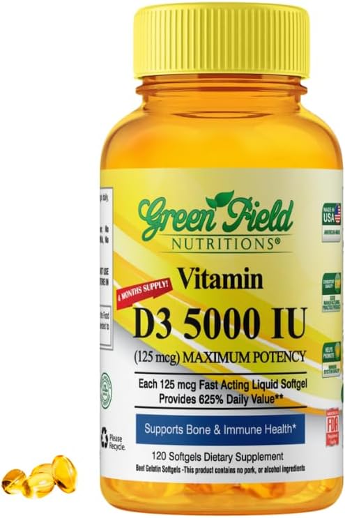 Greenfield Nutritions Halal Vitamin D - Halal Vitamin D3 5000 IE Softgel (125 mcg), High Potency 120 Unflavored Softels - Beef Gelatine D3 Halal Vitamin, understøtter immunbone Teath Brain og hår