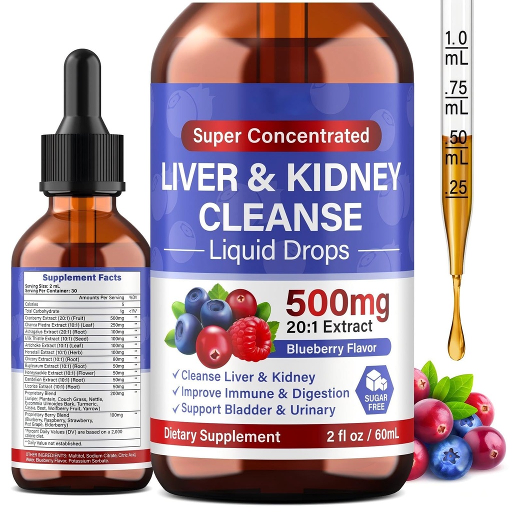 Liver Detox and Repair Drops, 27-in-1 Kidney Support Supplement with Cranberry Extract & Chanca Piedra-Boost Urinary Tract, Bladder & Liver Health, Vegan & Non-GMO, 2 Oz