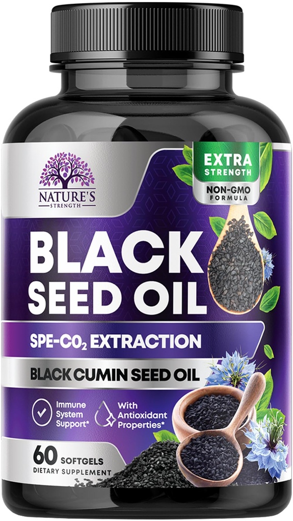 Black Seed Oil Capsules 1000mg med Thymoquinone - Pure Nigella Sativa for hud sundhed & immunforsvar, 100% Blackseed Oil, Amazing Extraction Over Cold Pressed Black Cumin Seed - 60 Softgels