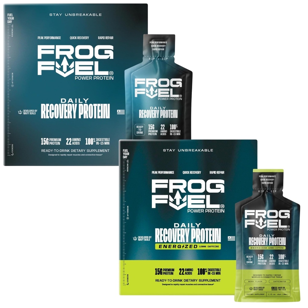 Frog Fuel Power Regular & Power Energized Complete Protein Shot Bundle, 15g Protein Nano- Hydrolyzed Grass Fed Collagen, Post Workout, Fat & Sugar Free, 22 Aminosyrer, Berry, 1 oz Packets, 48 Pack