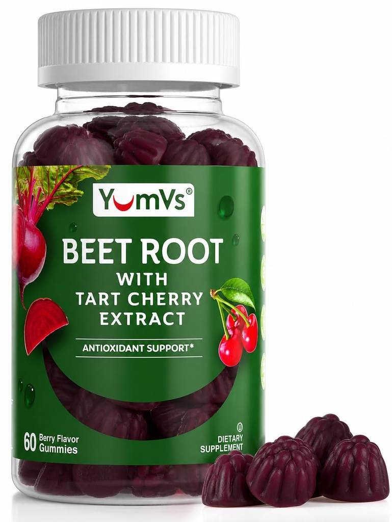 YUM- V 's Beet Root Gummies with Tart Cherry Extract - Berry Flavor Beetroot Gummies - Beet Chews for Blood Circulations and Antioxidant Support - Red Beets Gummies (Berry 60 Count (pakke med 1)