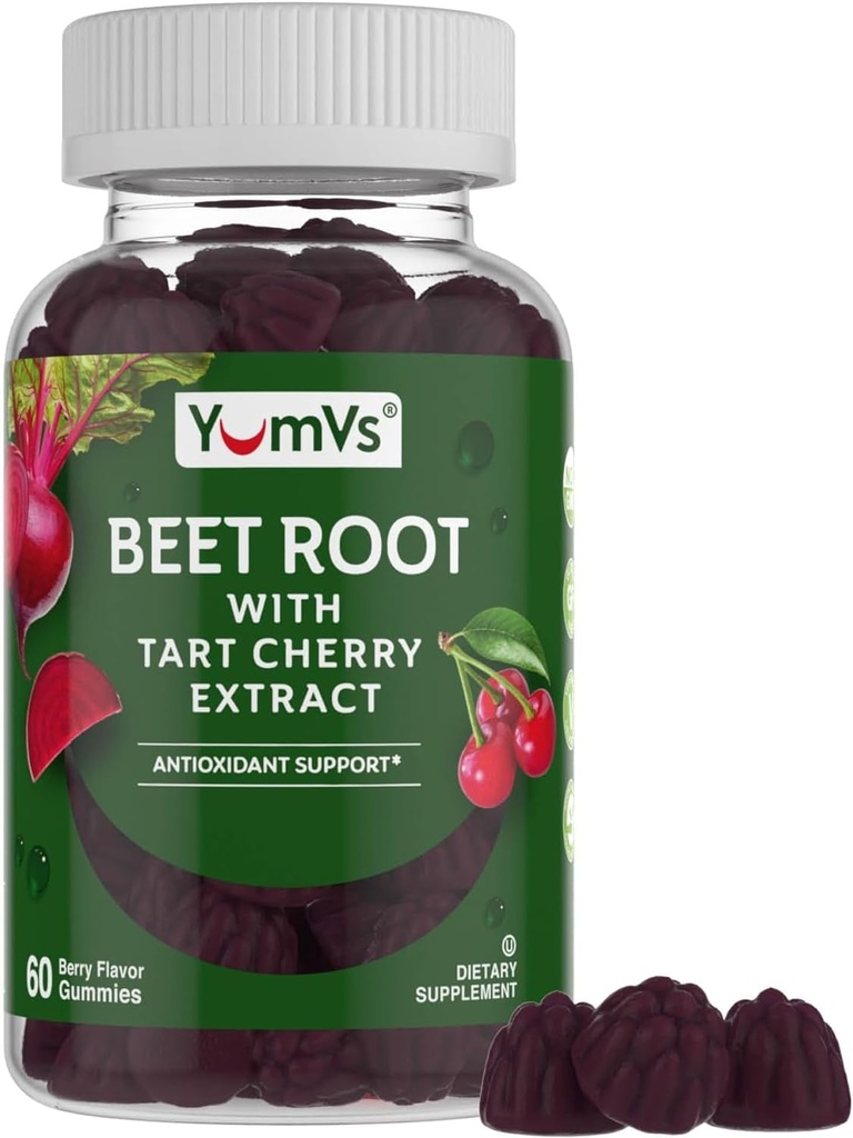 YUM- V 's Beet Root Gummies with Tart Cherry Extract - Berry Flavor Beetroot Gummies - Beet Chews for Blood Circulations and Antioxidant Support - Red Beets Gummies (Berry 60 Count (pakke med 1)