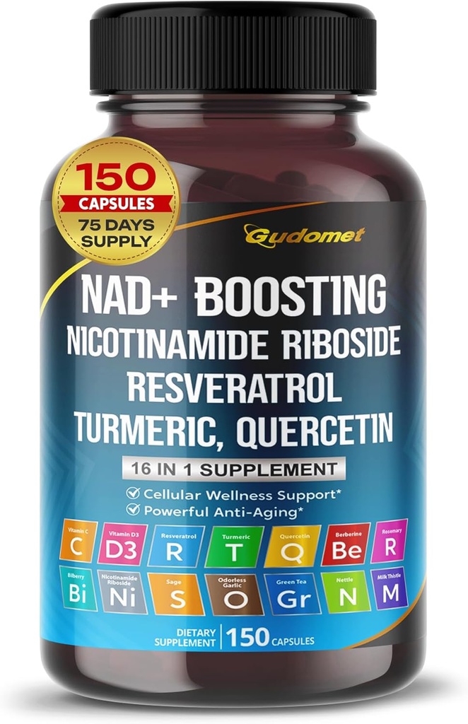 NAD + Boosting Trans- Resveratrol Gurkemeje Quercetin Rosemary Ballberry Sage Green Tea Oregano Nettle Milk Thistle Black Pepper -150 Capsules - Made in USA