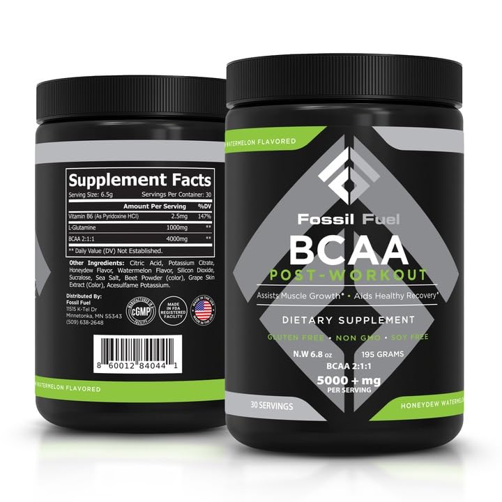 Fossil Fuel BCAA Sugar- Free Post- Workout Powder med BCAA 's, Glutamin, Vitamin B6 Efter træning, Aminosyrer til muskel inddrivelse, Endurance og Hydration, Honeydew Watermelon (30 Servere)