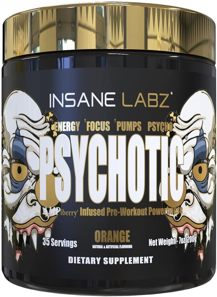 Insane Labz Psykotisk Guld, High Stimulant Pre Workout Powder, Extreme Lasting Energy Focus, Pumper og Endurance med Beta Alanine, DMAE Bitartrate, NO Booster (35 Servere, Orange)