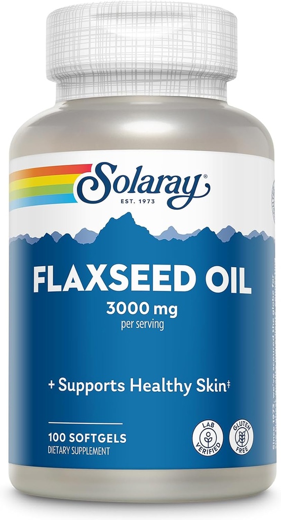 SOLARAY Flaxsee Oil 3000 mg med Omega 3 6 9, Hør Seed Softgels for Skin Health, Triple Omega supplement, Non- GMO, Gluten Free, Lab Verified - 60-Day Garanti - 33 Servering, 100 Softgels