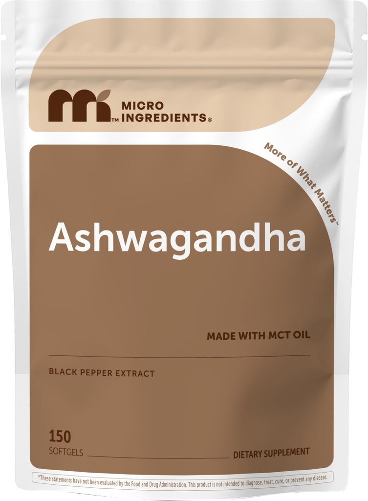 Micro Ingredients Ashwagandha Supplements | 150 Coconut MCT Oil Softgels with Black Pepper Extract | Non-GMO, Gluten Free