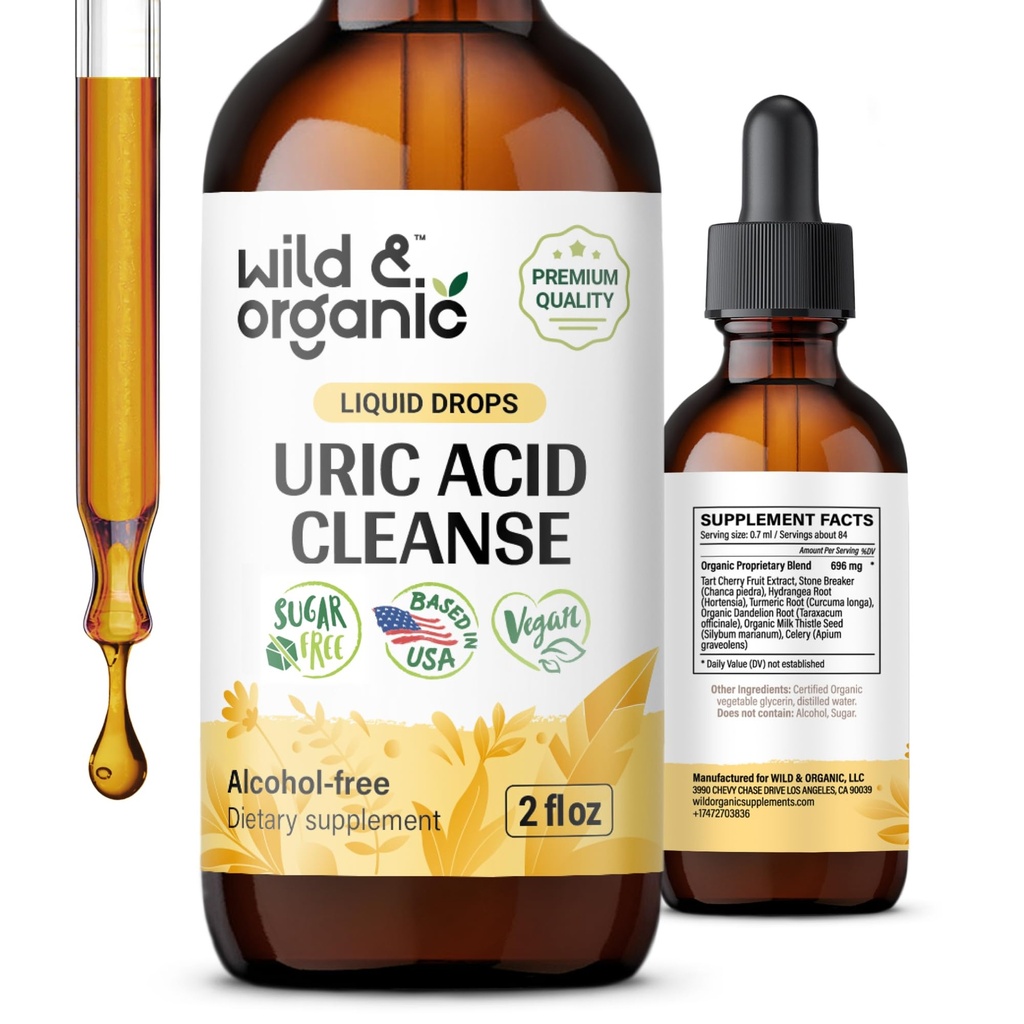 Wild & Organic UriAcid Cleanse Drops - Tart Cherry, Gurkemeje, Chanca Piedra Stone Breaker Complex for Nyre Cleanse - UriAcid Support - Vegan, Sukker & Alkohol- Gratis tinktur - 2 oz