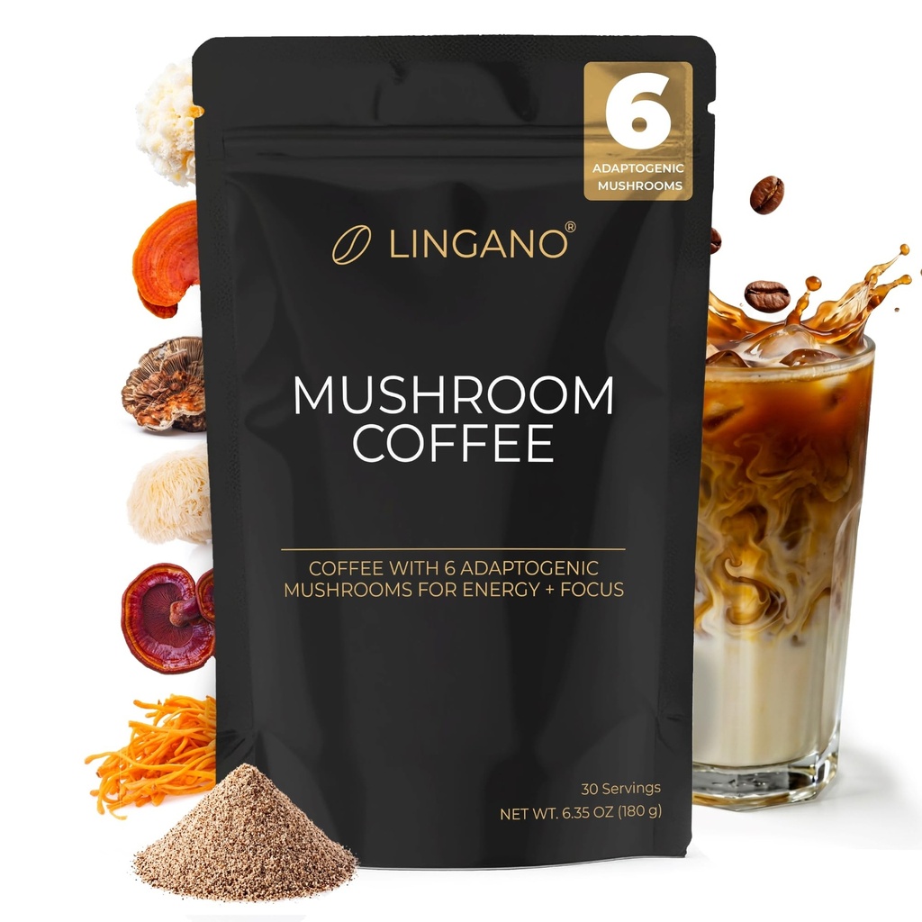 LINGANO Mushroom Coffee, Adaptogenic 6 Mushrooms with Lion's Mane, Cordyceps, Reishi, Chaga, Turkey Tail & Tremella, Instant Coffee Powder with MCT Oil, Ashwagandha & Ginseng for Energy, Focus, Immunity & Gut Health, 30 Servings