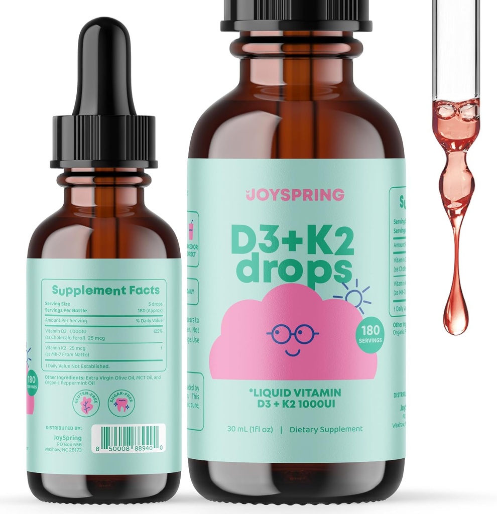 JoySpring flydende D3-vitamin med K2-vitamin D til børn - immunforsvar for børn, Daglig Multivitamin med Burdock Root & Elderberry til børn immunbooster og naturlige kids Focus Kosttilskud Drops