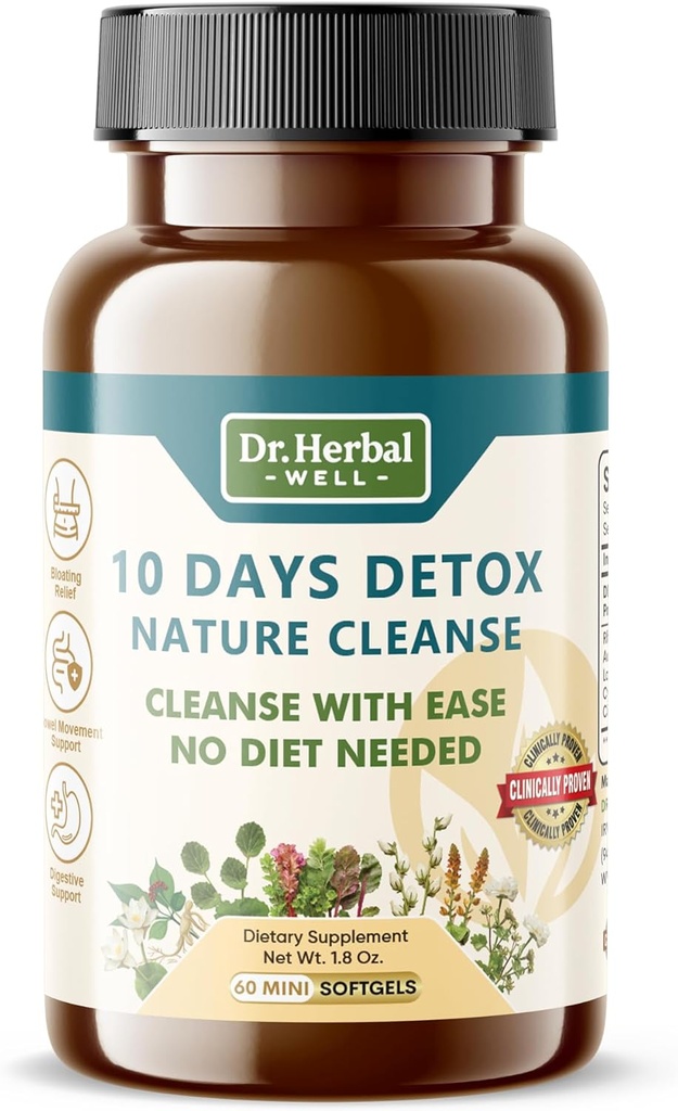 10 Dage Detox Natural Cleanse med Ease No Diet påkrævet (60 Mini Softgels)