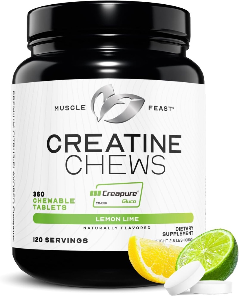 Muscle Feast Creatine Monohydrate Chewables - Vegan & Gluten-Free Creapure Creatine Chews for Men & Women - Delicious Citrus-Flavored Creatine Tablets for Muscle Building - Lemon Lime, 360 Tabs