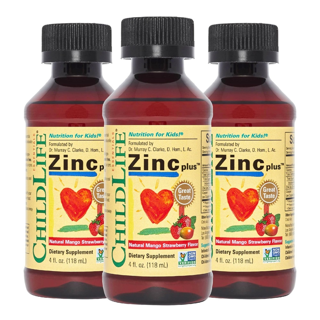 BEDLIFE ESSENTIALS Liquid Zink Plus for Kids & Toddler - Liquid Supplement Drops, Zink Gluconate & Copper til immunforsvar - Mango Strawberry, 4 Fl Oz (pakke med 3)