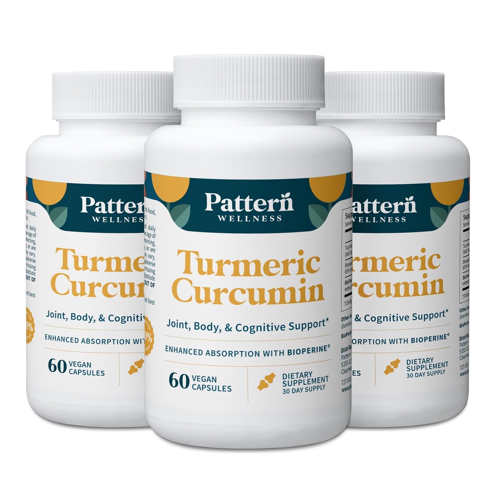 Pattern Wellness Turmeric Curcumin – 95% Curcuminoids with BioPerine® Black Pepper – Supports Joint, Cognitive & Immune Health – Non-GMO, Gluten Free – 180 Capsules