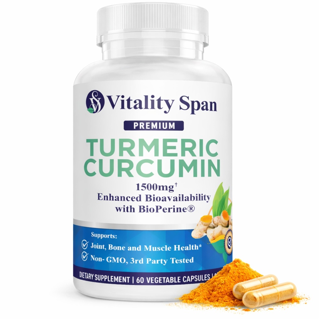 Turmeric Curcumin Supplement 1500mg – 95% Curcuminoids with 10mg BioPerine Black Pepper – High Absorption Antioxidant Support – Made in USA – 60 Veg Capsules