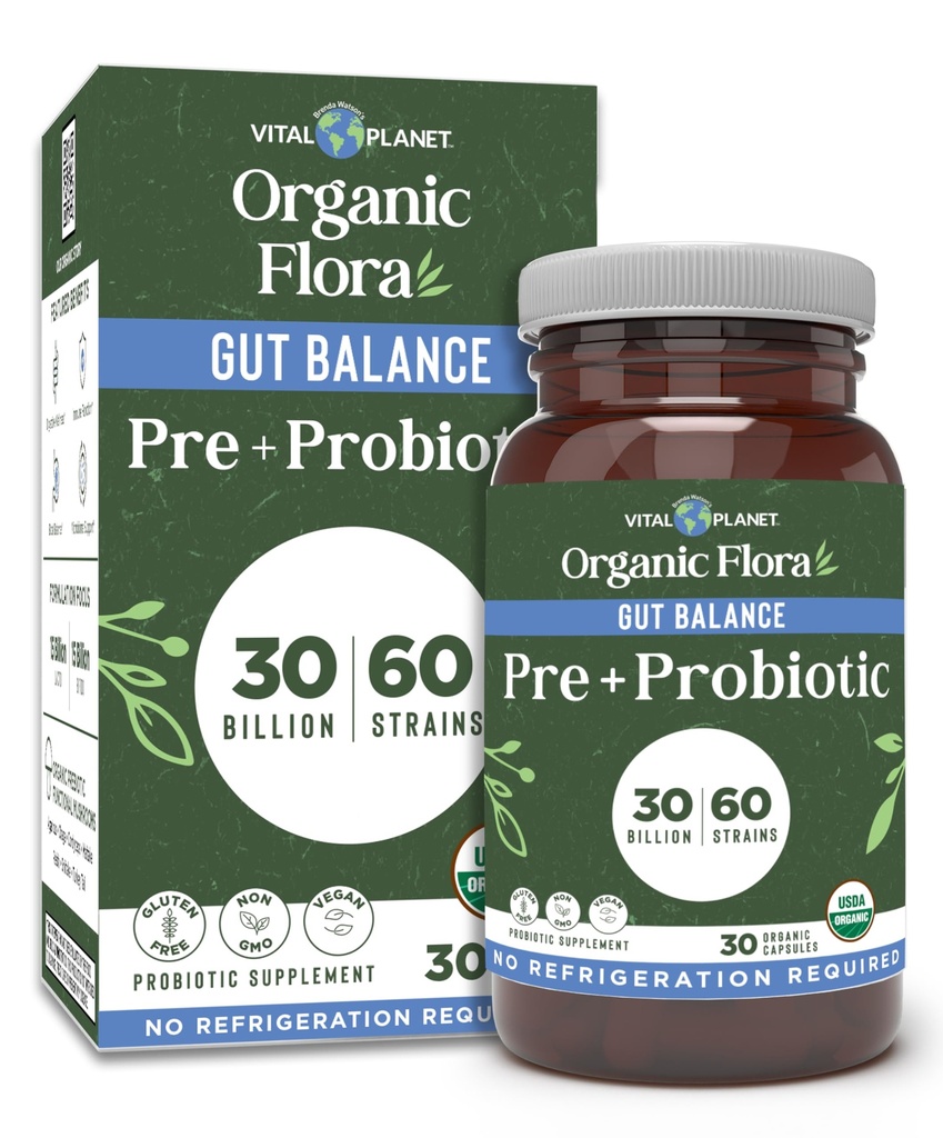 Vital Planet - Organic Flora Probiotics for Gut Health Balance, Shelf Stable Probiotic 30 Billion CFU, 60 Diverse Strains, Prebiotic Organic Mushroom Blend for Immune and Digestive Support 30 Capsules