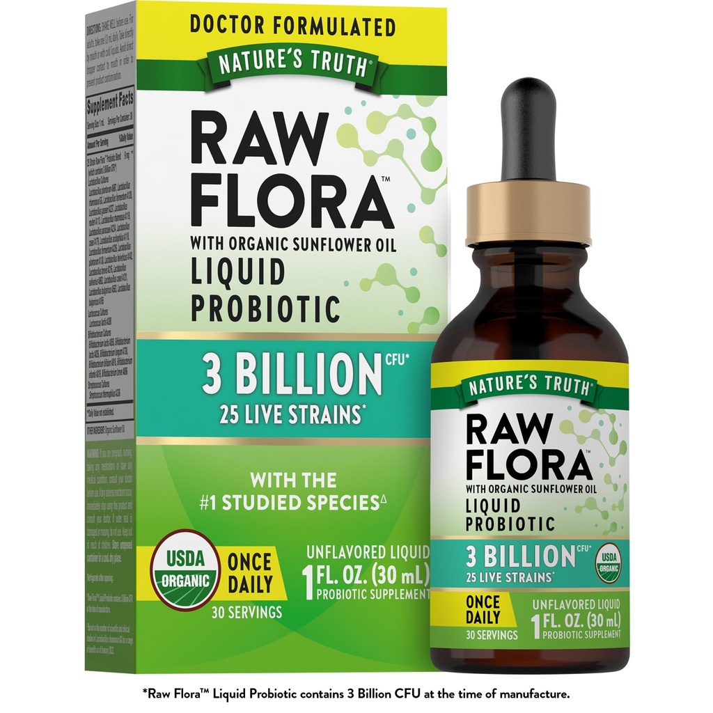 Nature's Truth Raw Flora USDA Organic Liquid Probiotic | Doctor Formulated | 25 Billion Live Strains | Vegan & Gluten Free Supplement for Men and Women