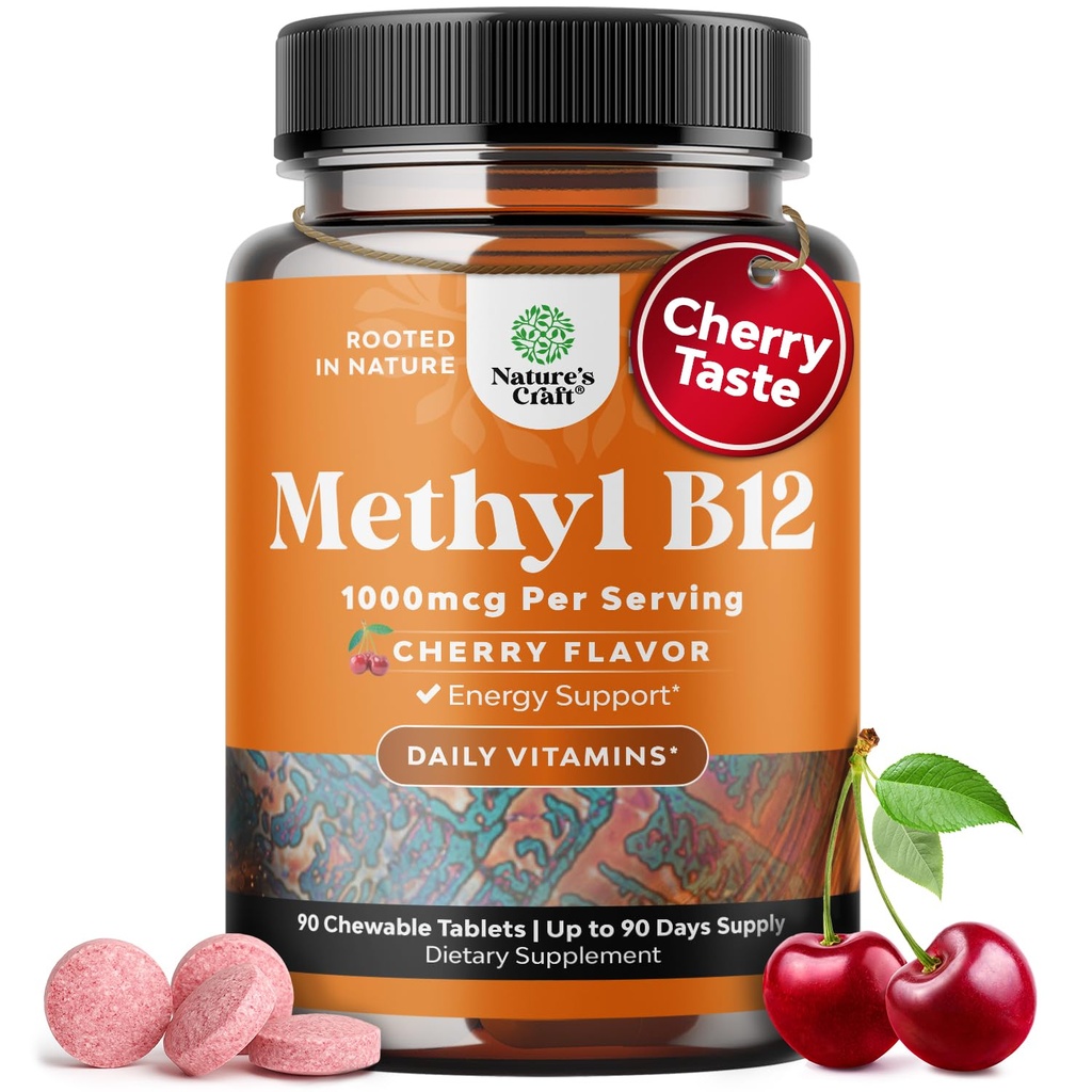 Chewable Vitamin B12 1000 mcg - Metyleret B12 Vegan Vitamin til Brain Support Natural Energy - Bone Health Eye Care og Mood Boost med hår hud og negle Halal Vitaminer
