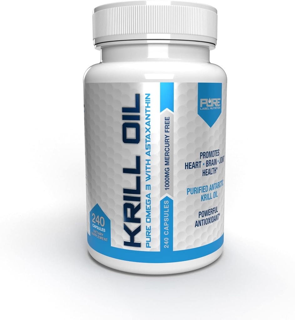 Pure Label Nutrition Frisk antarktisk krill olie 1000mg, Omega 3 's, Ekstra Styrke, EPA & DHA bløddele med antioxidant Astaxanthin. Heart Health supplement og ingen Fishy Eftersmag. 240 gelkapsler