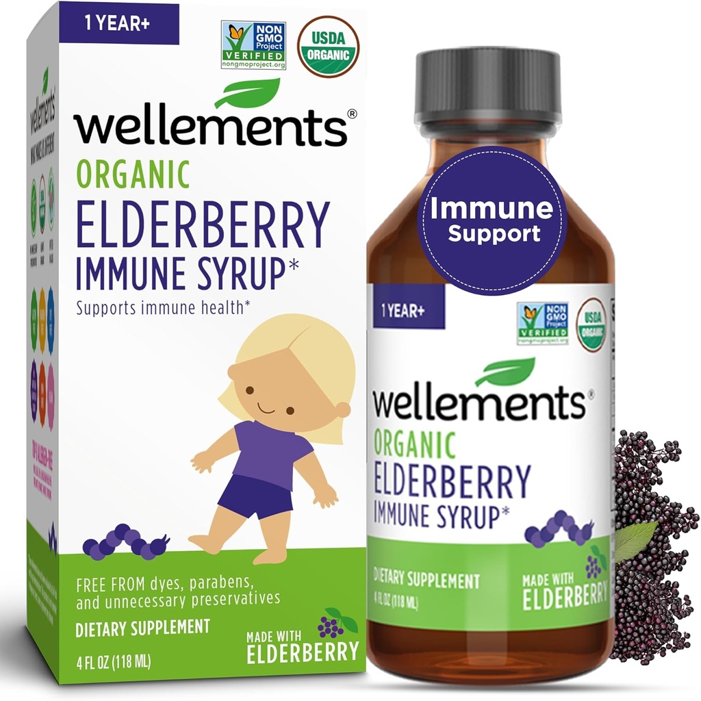 Wellows Organic Elderberry Syrup for Kids against 124; Understøtter immunsundhed * for Babyer & Toddlers, Lavet med Organic Elderberry, USDA Certified Organic & Non GMO 'er; 1 år +, 4 Fl Oz