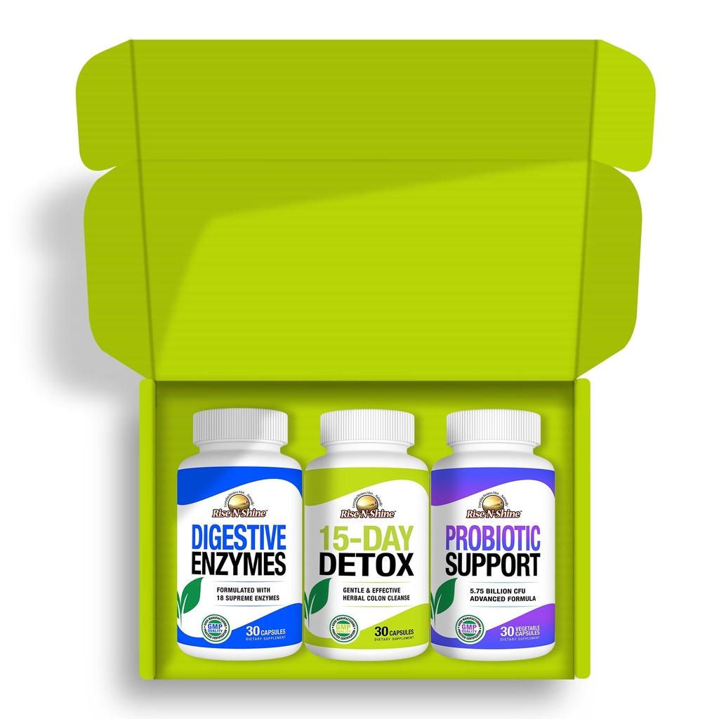 Rise-N-Shine Digestive Health Variety 3 Pack: with One Full Bottle of 15 Day Detox, Digestive Enzymes, & Probiotic Support