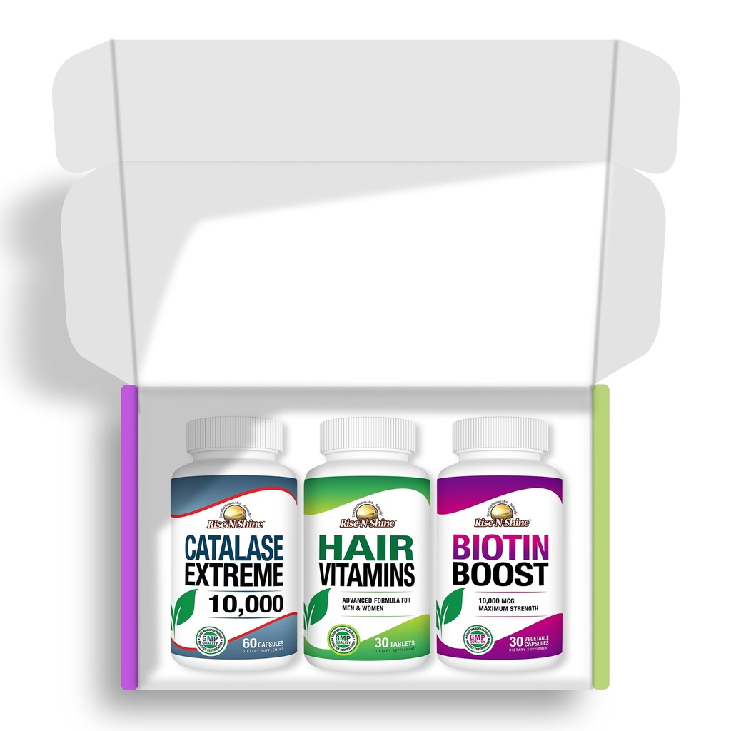 Rise-N-Shine Hair Care Variety 3 Pack with One Full Bottle of Biotin Boost 10,000, Hair Vitamins, & Catalase Extreme 10,000
