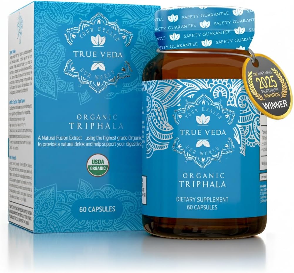 Triphala Capsules - USDA Organic Certified Measures 124; Vegan Triphala Tablets Measures 124; 100% Natural Herbal Triphala Guggulu Supplement Measures 124; Natural Fusion Extract Potency Measures 124; Ayurveda Measures 124; 60 Caps Measures 124; Trifala Churna