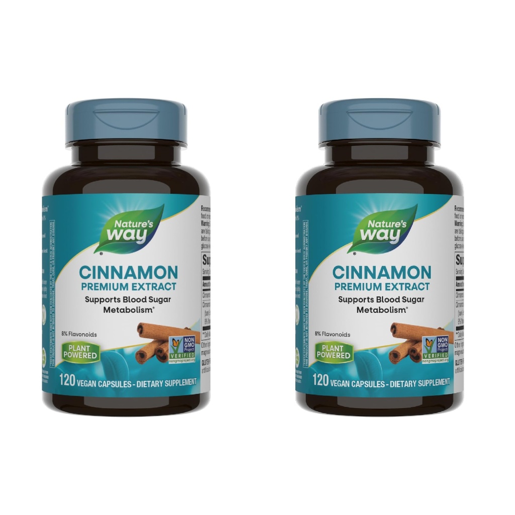 Nature 's Way Cinnamon Premium Extract, Understøtter kulhydrat Metabolisme *, Non- GMO Project Verified, Standardiseret til 8% Flavonoider, 120 Vegan kapsler (Packaging May Vary) - 2 Pack