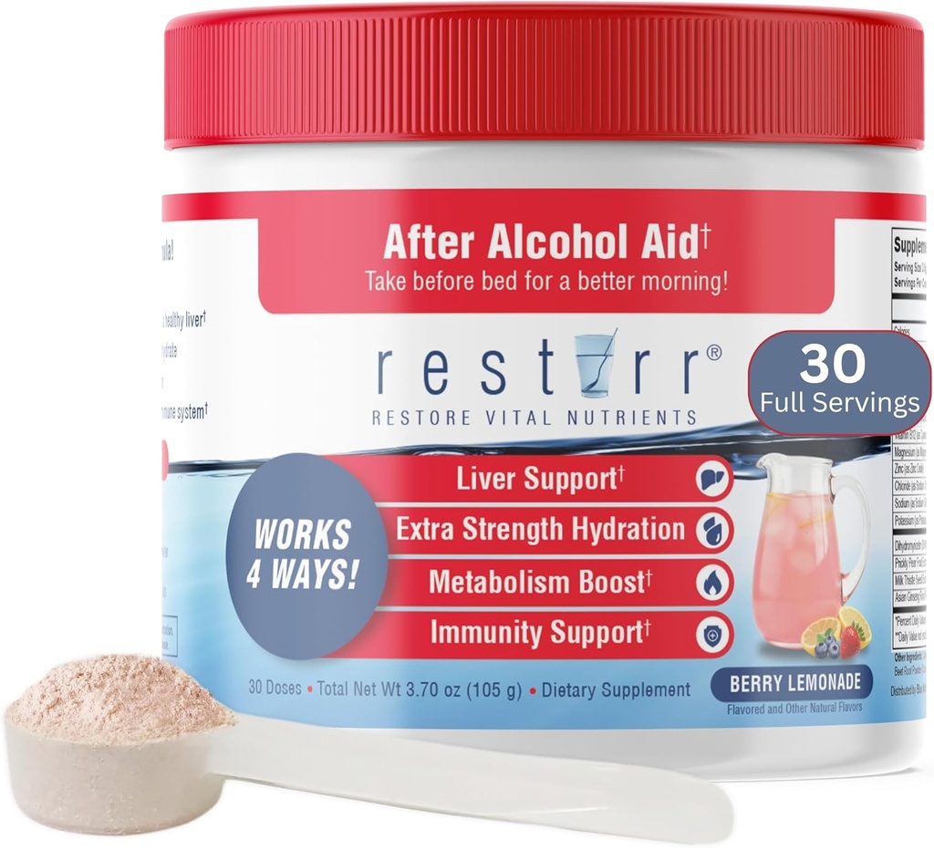 restirr Efter Alkohol Aid & Recovery: Understøtter leversundhed, øger stofskiftet og støtter immunsystemet med DHM, Milk Thistle, B- Complex, Hydration. 30 Doser
