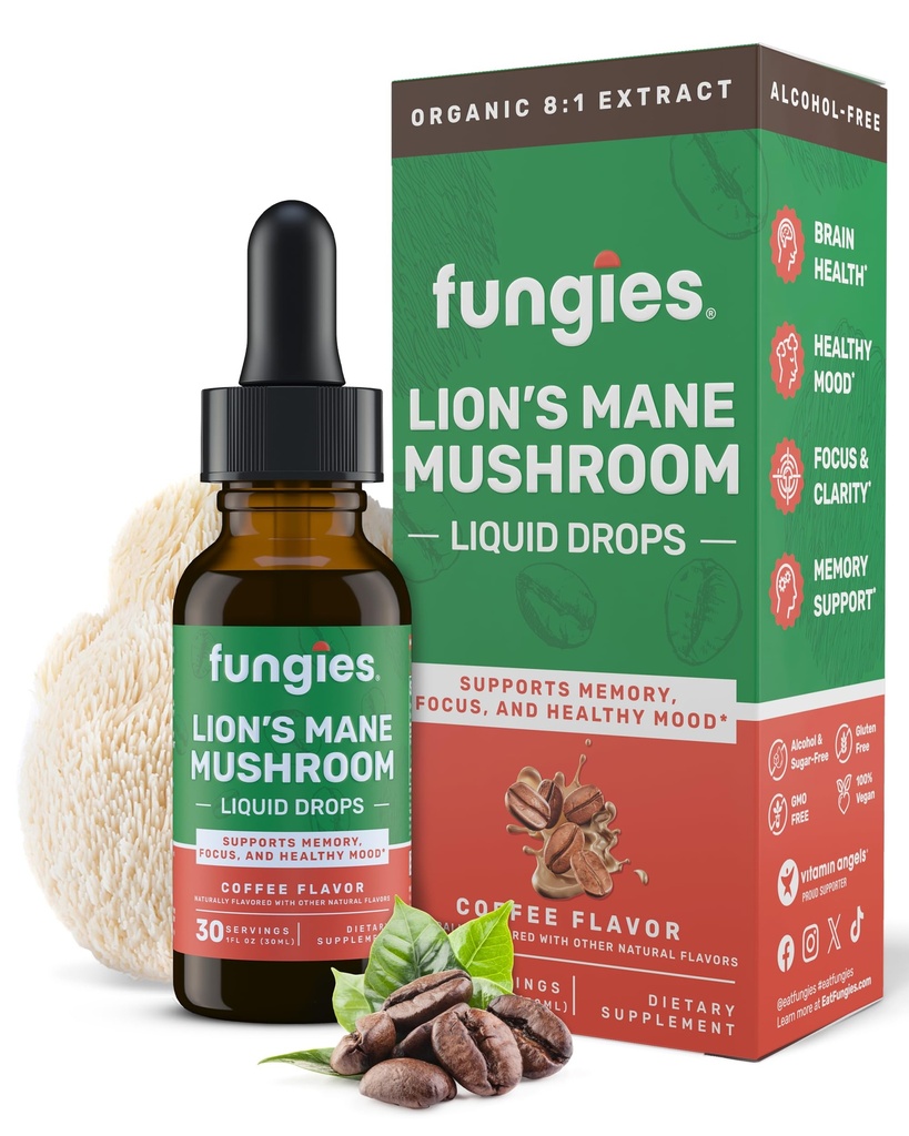 Fungies Lion 's Mane Mushroom Liquid Drops, Kaffe - Tinktur med Lions Mane Extract understøtter hjerne tåge, fokus, hukommelse og sund mad - Mushroom Complex supplement for voksne - 30 Serveringer