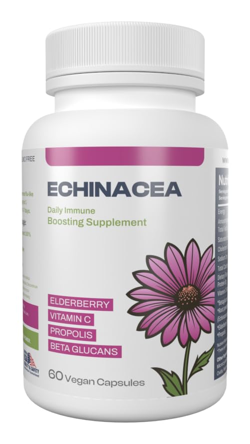 Echinacea Dietary Supplement with Elderberry, Propolis, Vitamin C & Beta Glucans – Daily Wellness Capsules for Adults (60 Count)